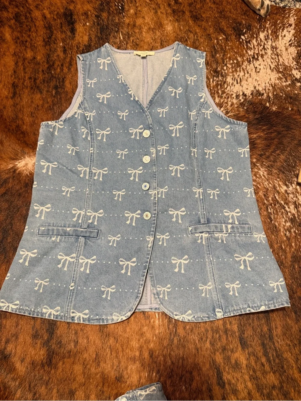 Entro Bow Print Denim Vest and Barrel Pants Set Womens Size L Coquette Monochrom